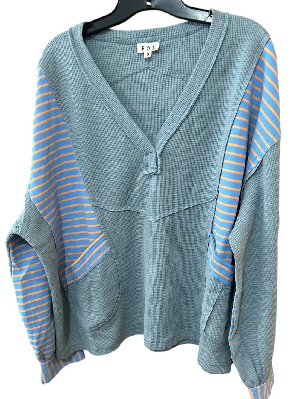 POL Clothing Waffle Knit Patchwork Pullover - Dusk Blue Striped Oversized S